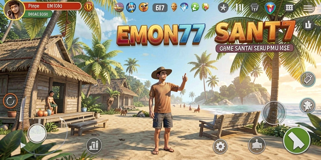 Screenshot menunjukkan gameplay seru dari EMON77 dengan karakter dan mini game menarik.