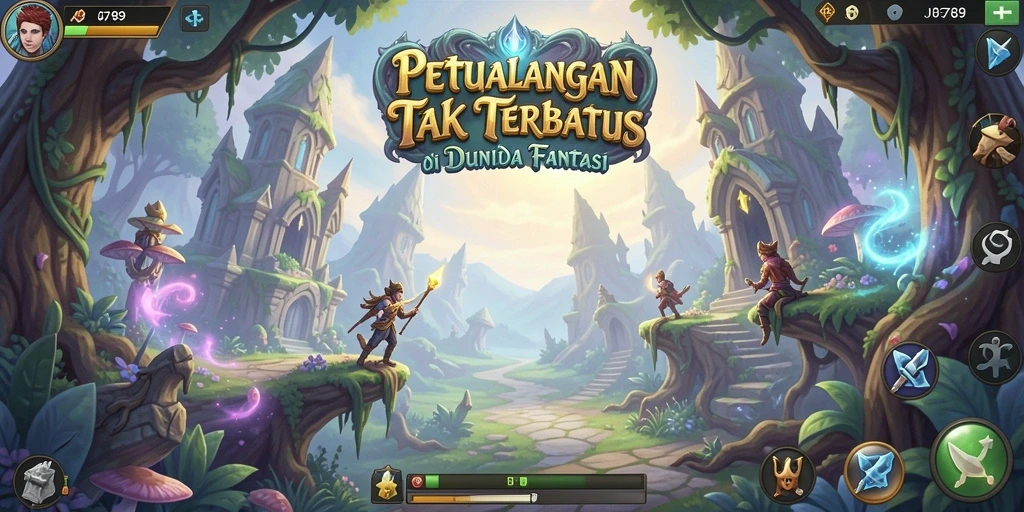 Screenshot menampilkan aksi epik karakter dalam pertempuran RPG.