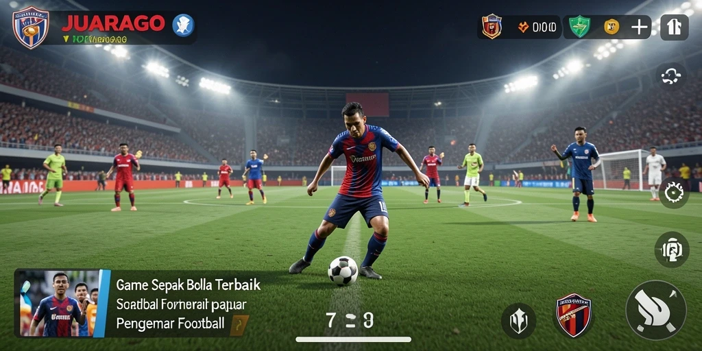 Tangkapan layar utama JUARAGO menampilkan pertandingan sepak bola yang seru dan mendebarkan.