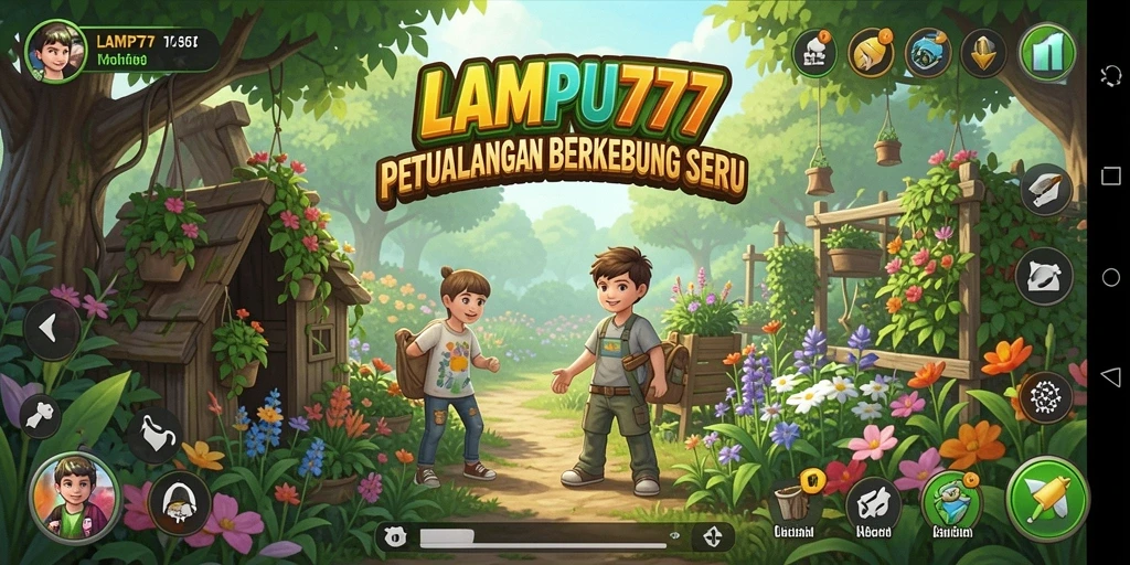 Screenshot main LAMPU777 menunjukkan kebun yang indah dengan berbagai tanaman.