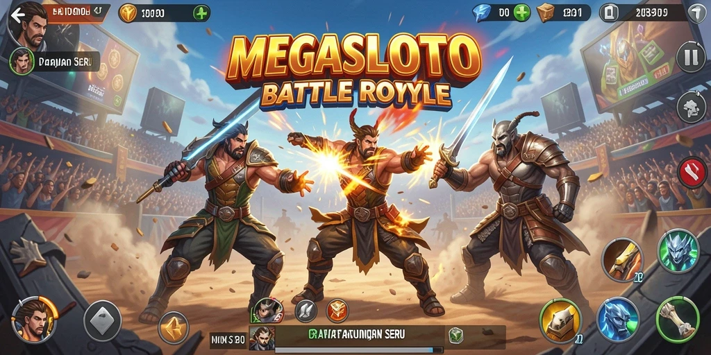 Screenshot MEGASLOTO menampilkan aksi seru dalam Battle Royale.