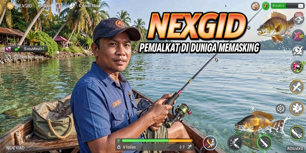 Tangkapan ikan besar dalam permainan NEXGID dengan latar belakang alam yang indah.