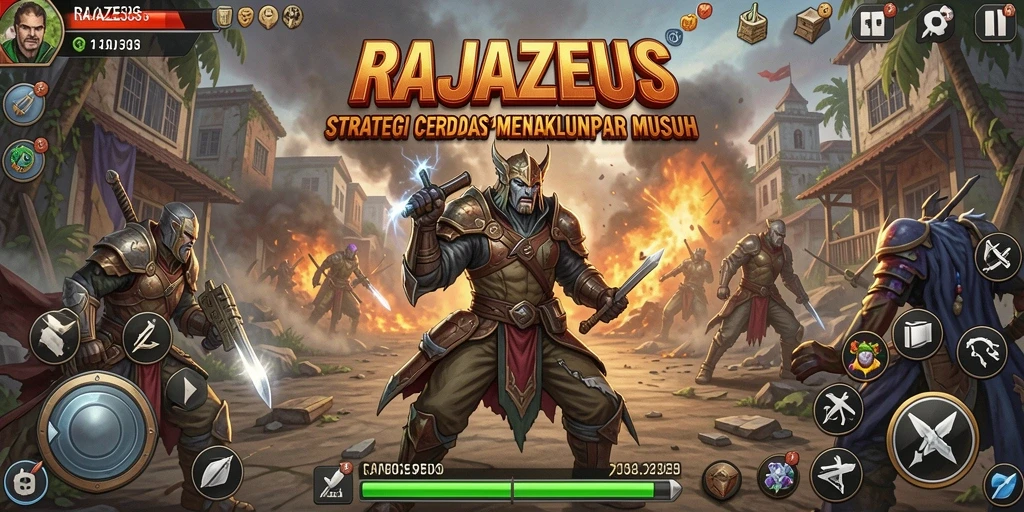 Tangkapan layar gameplay RAJAZEUS yang menunjukkan strategi pertempuran.