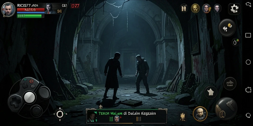 Tangkapan layar menampilkan gameplay RICIS77 dengan suasana horror yang mencekam.