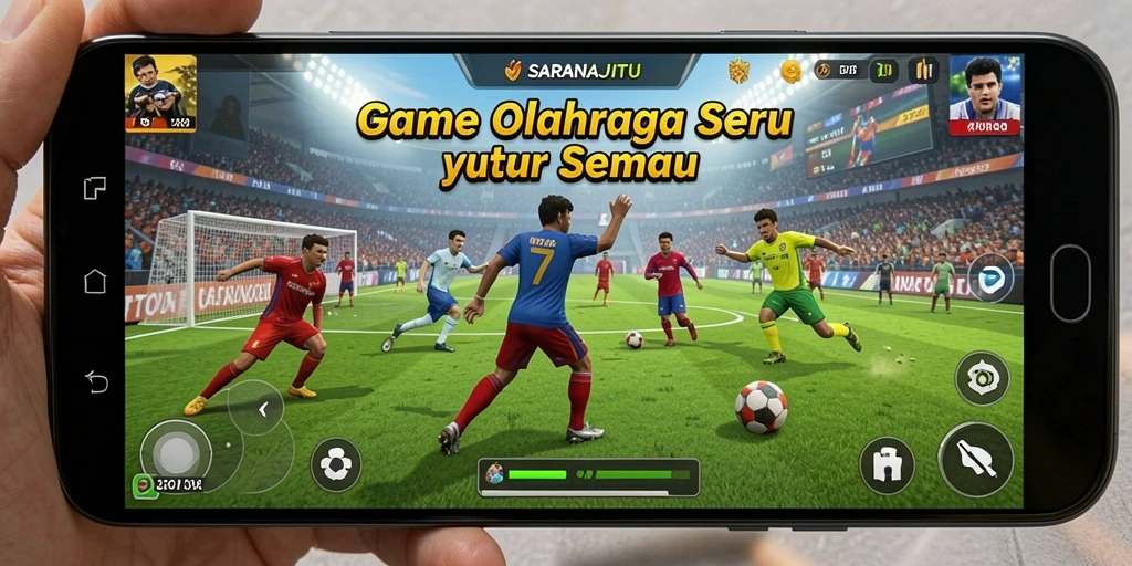 Tampilan seru dari gameplay SARANAJITU yang menampilkan aksi olahraga.