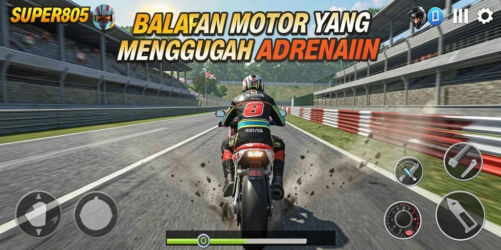 Gameplay mendebarkan dari SUPER805 yang penuh aksi balapan motor.